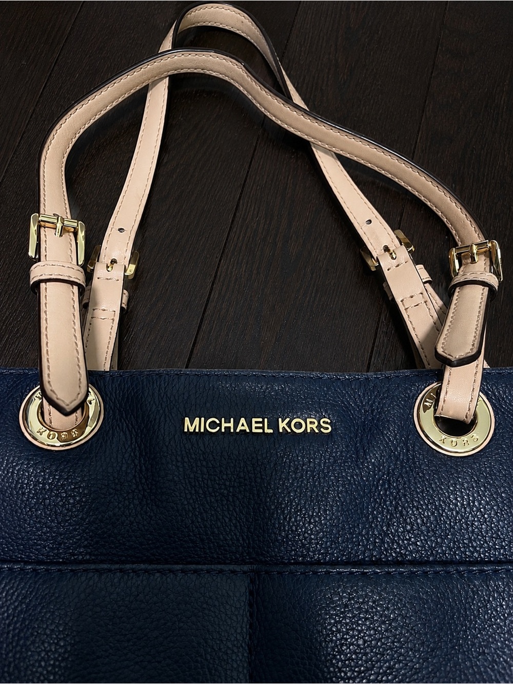 Michael Kors Navy Leather Tote with Beige Straps - Picture 4 of 7